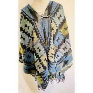 Aztec print poncho with faux leather snap closure Hood One Size Fits Like XL